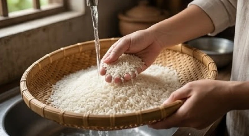Mơ thấy gạo là điềm báo gì: Giải mã tâm lý và cách hóa giải 6 Đôi bàn tay đang cẩn thận vo gạo trong rổ tre dưới vòi nước trong vắt để chuẩn bị bữa cơm gia đình