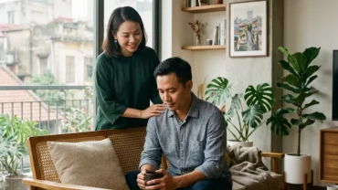 Người chồng đang suy tư bên cạnh người vợ trong phòng khách ấm áp phản ánh tâm lý khi nằm mơ thấy vợ mình
