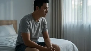Người đàn ông suy tư sau khi mơ thấy vợ mình giữa không gian phòng ngủ yên tĩnh
