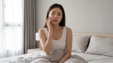 Người phụ nữ trẻ ngồi trên giường chạm tay lên má sau khi giật mình tỉnh giấc vì mơ thấy vỡ răng