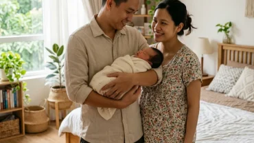 Hình ảnh người chồng ôm vợ và con gái sơ sinh hạnh phúc gợi nhắc về giấc mơ thấy vợ sinh con gái