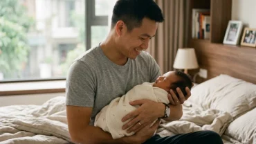 Người chồng trẻ bế em bé sơ sinh kháu khỉnh trong phòng ngủ ấm áp gợi liên tưởng giấc mơ thấy vợ sinh con trai