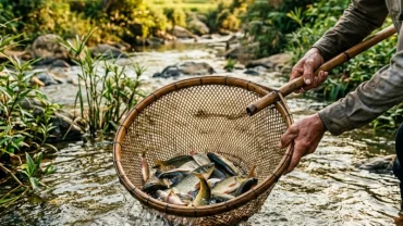 Hình ảnh mang tính biểu tượng về ý nghĩa phong thủy của giấc mơ thấy vớt cá trên dòng sông êm ả