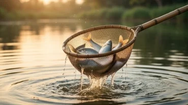 Chiếc vợt lưới đầy cá tươi sống quẫy mạnh trên mặt hồ tĩnh lặng đại diện cho giấc mơ thấy vớt cá