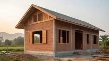 Bối cảnh tươi sáng tái hiện lại giấc mơ thấy xây nhà khang trang với nền móng vững chắc và ngói đỏ