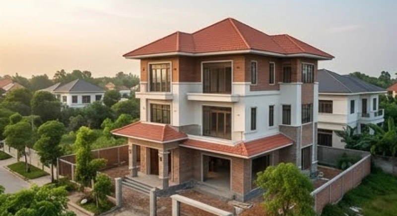 Mơ thấy xây nhà điềm lành hay dữ: Phân tích bối cảnh & tâm lý 5 Một căn biệt thự ba tầng khang trang với mái ngói đỏ đang được dựng lên giữa không gian ngoại ô xanh