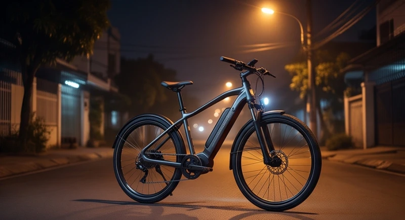 Chiếc xe đạp điện mới tinh được dựng gọn gàng, thể hiện sự khởi đầu thuận lợi và nguồn năng lượng dồi dào