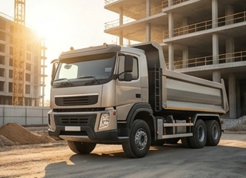 Mơ Thấy Mua Xe: Giải Mã Điềm Báo, Hóa Giải Vận Xui & Sổ Mơ 5 Chiếc xe tải chở hàng cỡ lớn đang đỗ tại khu vực công trường nhộn nhịp dưới ánh nắng ban mai