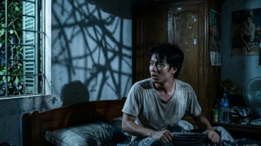Hình ảnh người mệt mỏi thức giấc trên giường ngủ sau giấc mơ thấy zombie phản ánh sự căng thẳng