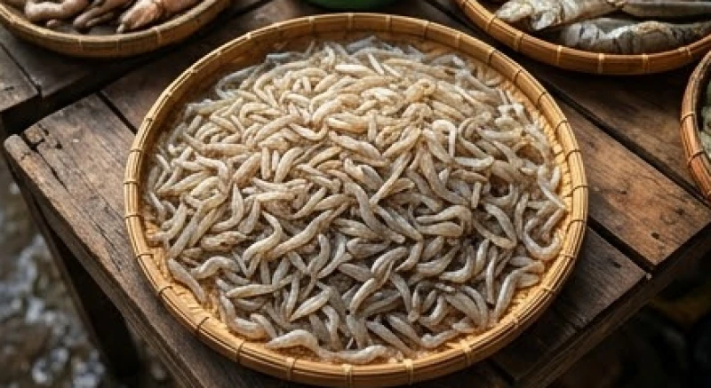 Rổ tôm tép đồng loại nhỏ tươi rói được bày bán gọn gàng trên chiếc mẹt tre truyền thống
