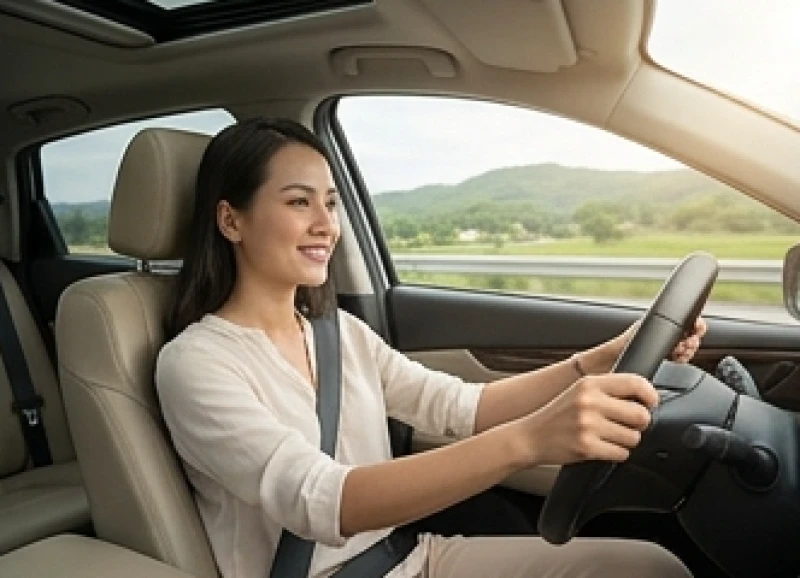 Người phụ nữ Á Đông mỉm cười thư thái khi tự cầm vô lăng điều khiển xe ô tô