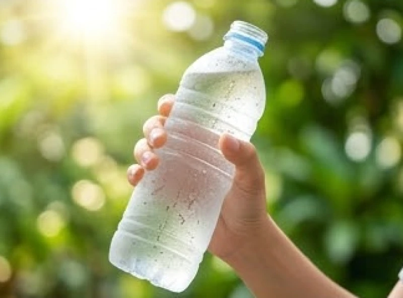 Bàn tay cầm chai nước suối tinh khiết đưa lên uống để xua tan cơn khát