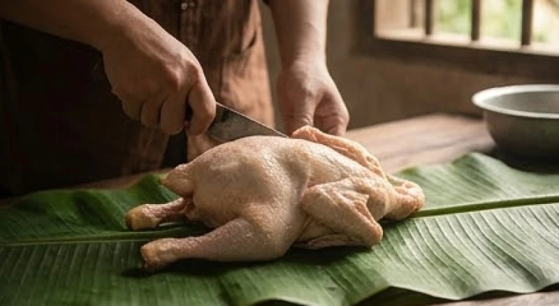 Khâu mổ bụng và làm sạch nội tạng gà được thực hiện cẩn thận bằng dao sắc