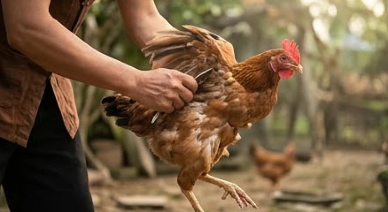 Người nông dân đang vất vả giữ chặt và vặt lông một con gà sống trên tay