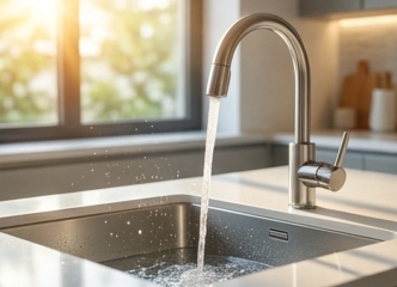 Tuổi Thìn nhập trạch ngày nào tốt: Giờ đẹp và mẹo hóa giải 10 Dòng nước sạch chảy róc rách liên tục từ vòi nước bồn rửa chén bằng inox sáng bóng trong gian bếp mới