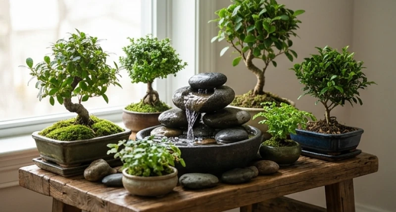 Khung cảnh thiên nhiên tĩnh lặng với tiểu cảnh thác nước nhỏ chảy róc rách qua tán cây xanh