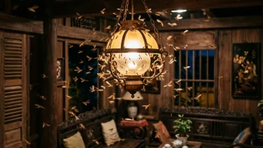 Hình ảnh đàn mối cánh bay quanh bóng đèn trong phòng khách giúp giải mã hiện tượng mối bay vào nhà là điềm gì