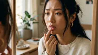 Người phụ nữ Việt Nam đang soi gương xem môi giật là điềm gì và kiểm tra sức khỏe