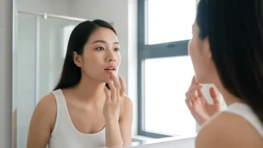Người phụ nữ Việt Nam đang soi gương kiểm tra khi môi giật là điềm gì hay dấu hiệu bệnh lý