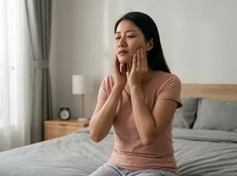 Mơ thấy rụng răng hàm dưới: Điềm báo, bộ số và cách hóa giải 8 Người phụ nữ đang massage vùng má và khớp thái dương hàm để giảm thiểu cơn đau nhức sau khi ngủ dậy