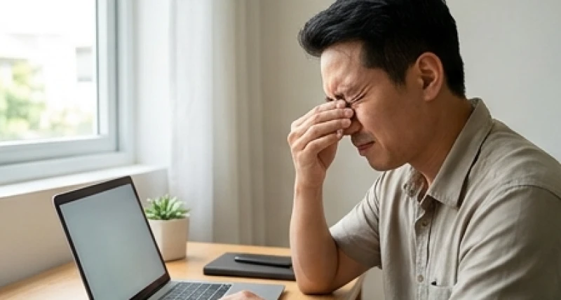 Người đàn ông nhăn mặt dụi mắt khi ngồi làm việc quá lâu trước màn hình máy tính