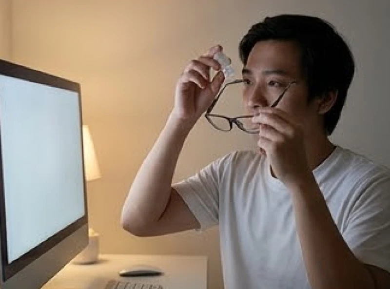 Nam thanh niên tháo kính nhỏ thuốc nhỏ mắt sau thời gian dài tập trung vào màn hình điện thoại