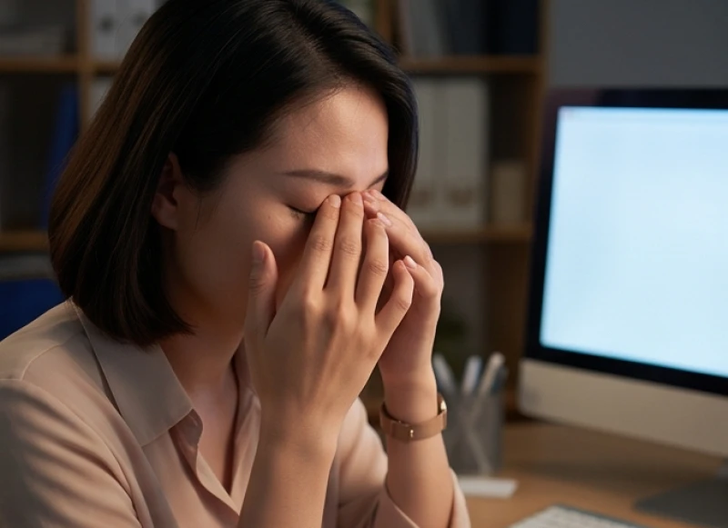 Cận cảnh nhân viên văn phòng bị mỏi mắt do sử dụng máy tính làm việc quá lâu