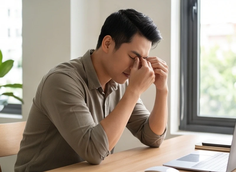 Một người đàn ông nhắm nghiền mắt và dùng tay massage vùng quanh hốc mắt