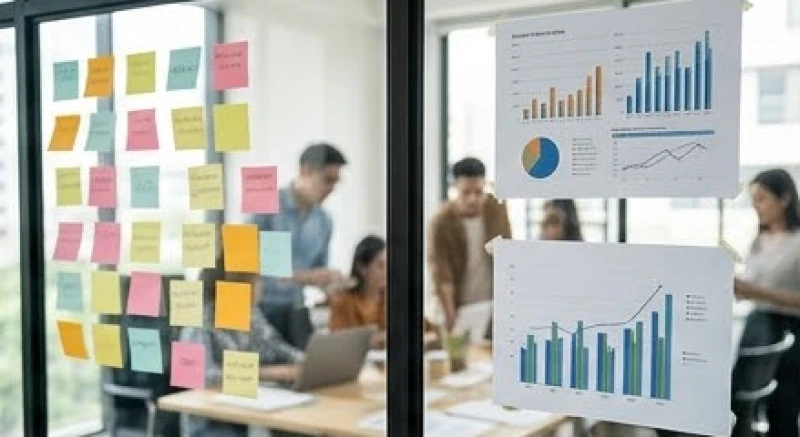 Không gian văn phòng start-up bận rộn với nhiều bảng biểu và giấy tờ chiến lược