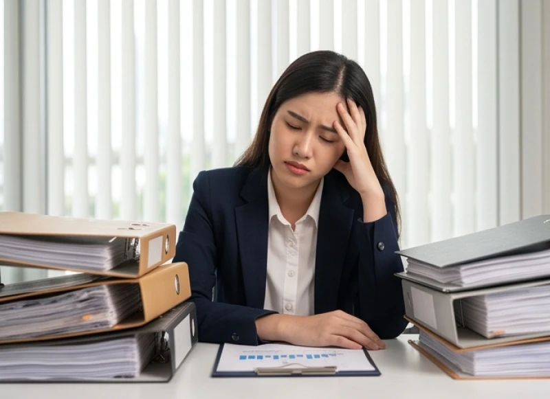 Nữ nhân viên văn phòng lộ vẻ mệt mỏi khi phải xử lý khối lượng lớn sổ sách hành chính lặp đi lặp lại