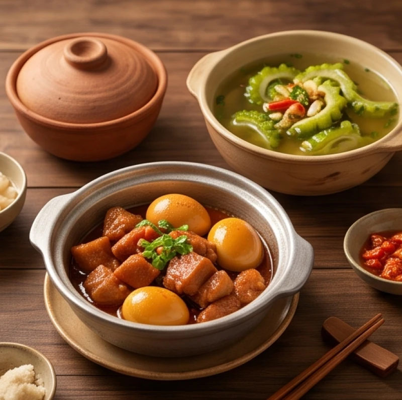 Văn khấn giỗ cha: Mẫu bài cúng chuẩn và trình tự hành lễ 5 Nồi thịt kho tàu và bát canh khổ qua đậm đà trên mâm cúng giỗ miền Nam