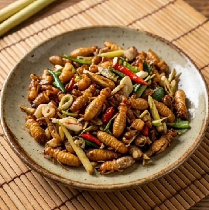 Đĩa mối cánh rang sả ớt chín vàng ruộm được bày biện đẹp mắt mang đến hương vị bùi béo và giàu hàm lượng protein