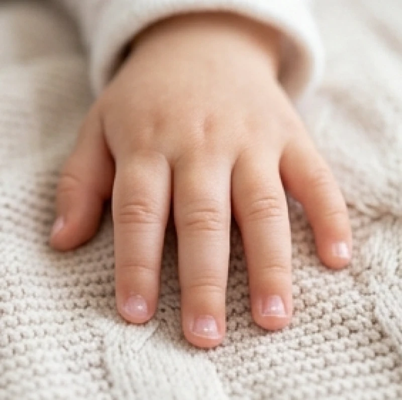 Bàn tay nhỏ xíu của em bé với một vài đốm trắng mờ trên móng do thói quen gõ đồ chơi
