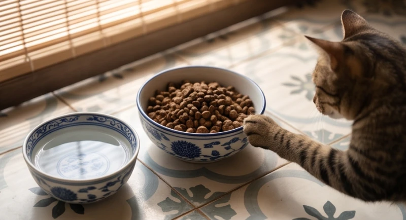 Mơ thấy nuôi mèo là điềm gì? Giải mã điềm báo và con số tài lộc 2 Bát thức ăn và khay nước sạch sẽ được chuẩn bị chu đáo để chăm sóc thú cưng