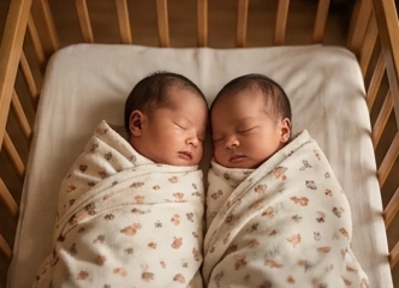 Hai bé sơ sinh sinh đôi nằm ngủ ngoan ngoãn cạnh nhau báo hiệu vận may gia đình được nhân lên gấp bội