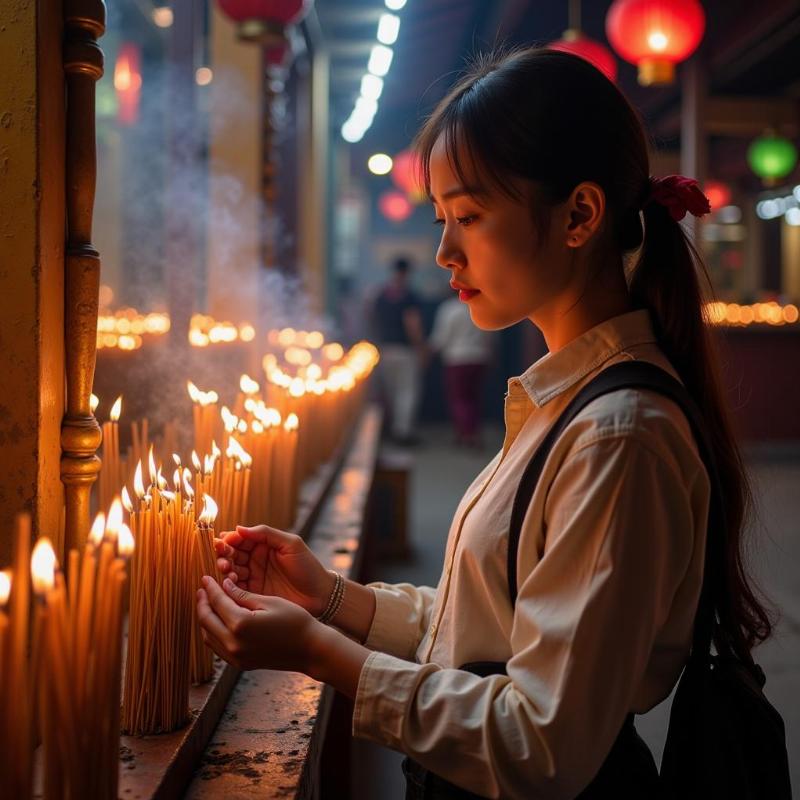 Một cô gái đang thắp nhang tại chùa