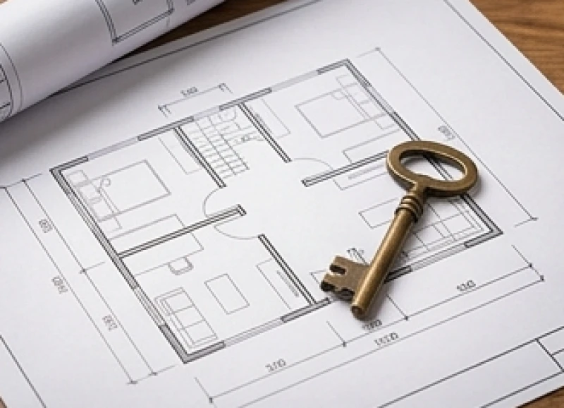 Bản vẽ thiết kế mặt bằng nhà ở và chùm chìa khóa bằng đồng thau