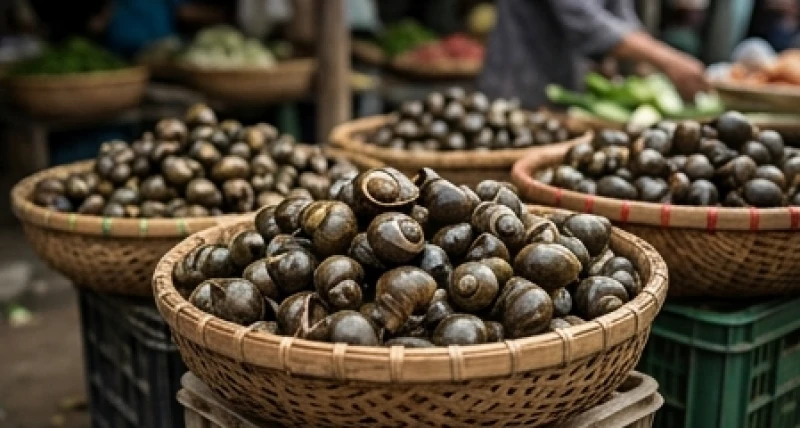 Nhiều rổ ốc nhồi tươi sống được bày bán nhộn nhịp tại một khu chợ quê mộc mạc