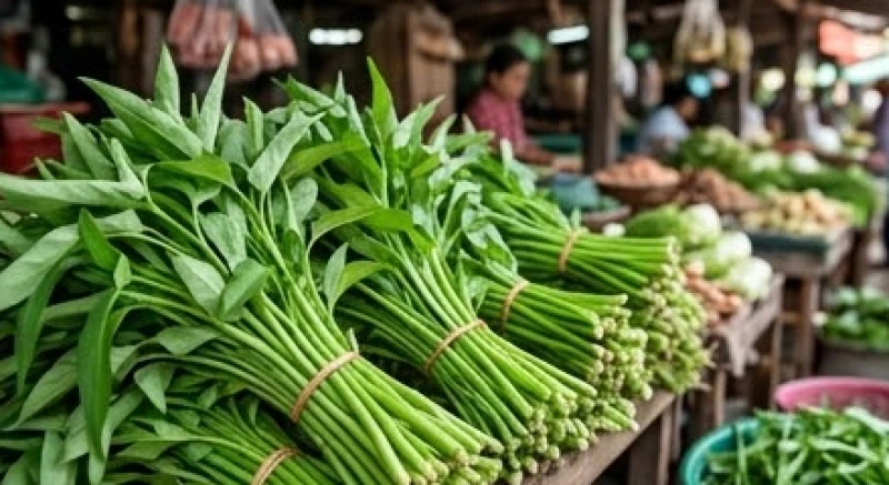 Mơ thấy rau muống: Điềm báo cát hung và con số may mắn 7 Những bó rau muống non xanh được bày bán gọn gàng tại một khu chợ truyền thống mộc mạc