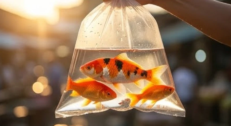 Những chú cá chép và cá vàng phong thủy bơi lội tung tăng trong túi nước trong suốt