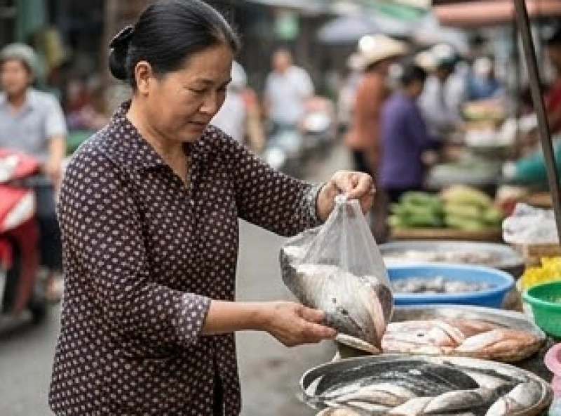 Người phụ nữ dừng lại mua những con cá đang bị nhốt tại một khu chợ truyền thống để cứu mạng chúng