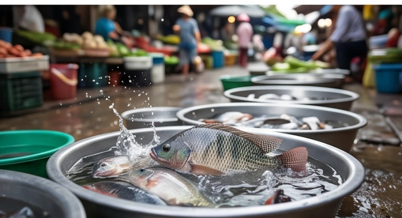Những khay cá rô phi tươi sống được bày bán gọn gàng sạch sẽ tại một khu chợ truyền thống