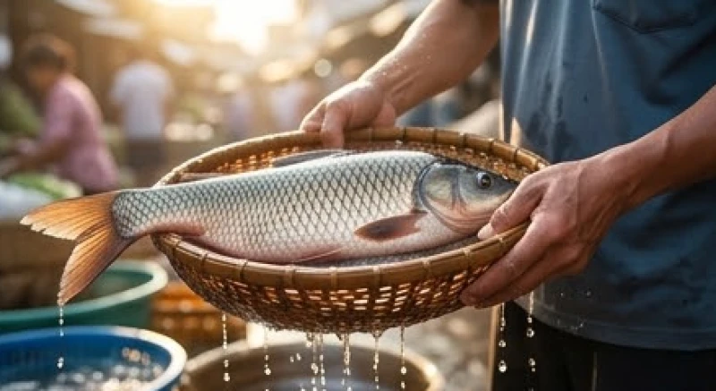 Một khách hàng đang xách giỏ cá tươi sống vừa mua từ sạp hàng ngoài chợ truyền thống