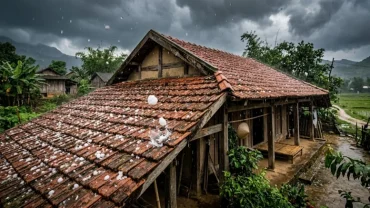 Những hạt mưa đá lớn rơi xuống mái hiên giúp gia chủ giải mã hiện tượng mưa đá có điềm báo gì trong phong thủy