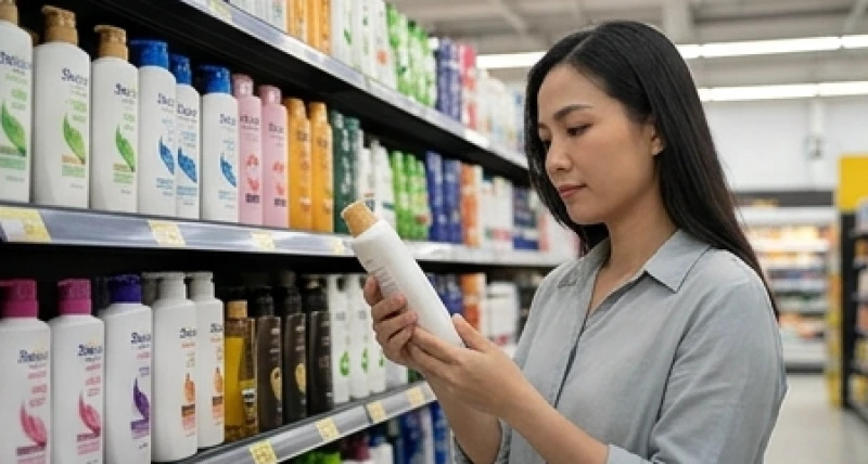 Người phụ nữ Việt Nam đứng trước kệ dầu gội trong siêu thị, tay cầm chai sản phẩm đang cân nhắc lựa chọn
