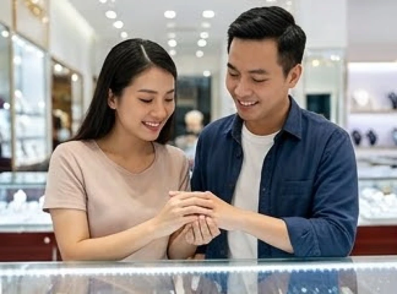 Mất nhẫn vàng là điềm gì: Mẹo tìm kiếm và quy tắc hóa giải 9 Hai vợ chồng cùng nhau thử cặp nhẫn cưới mới tại tiệm hoàn kim để thay thế cho chiếc kỷ vật đã mất