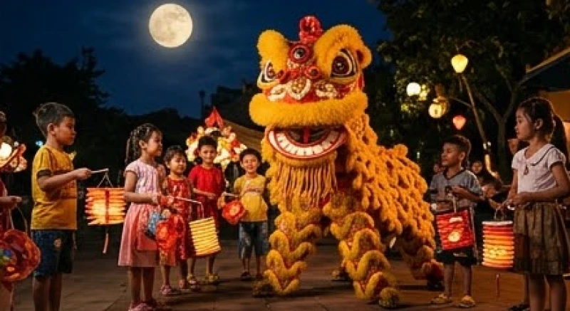 Mơ thấy múa lân: Điềm báo, số tài lộc và cách hóa giải 5 Đoàn múa lân náo nhiệt biểu diễn dưới ánh trăng rằm cùng đám đông trẻ em rước đèn lồng giấy