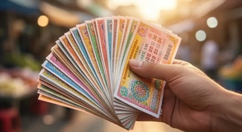 Một xấp dày các tờ vé số kiến thiết được cầm tỏa ra như hình cánh quạt