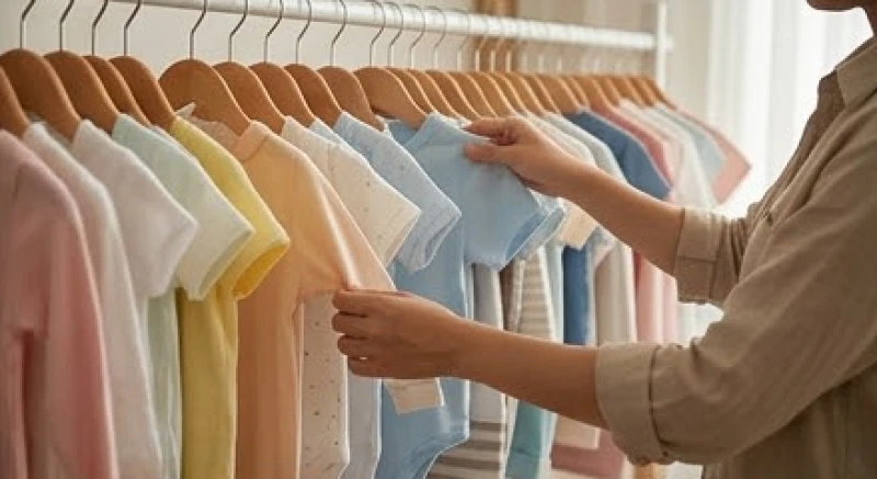 Những bộ quần áo trẻ em mới tinh được lựa chọn cẩn thận trong cửa hàng dành cho mẹ và bé