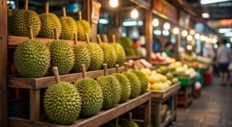 Sạp bán sầu riêng tươi ngon tại khu chợ truyền thống với nhiều quả lớn được trưng bày bắt mắt